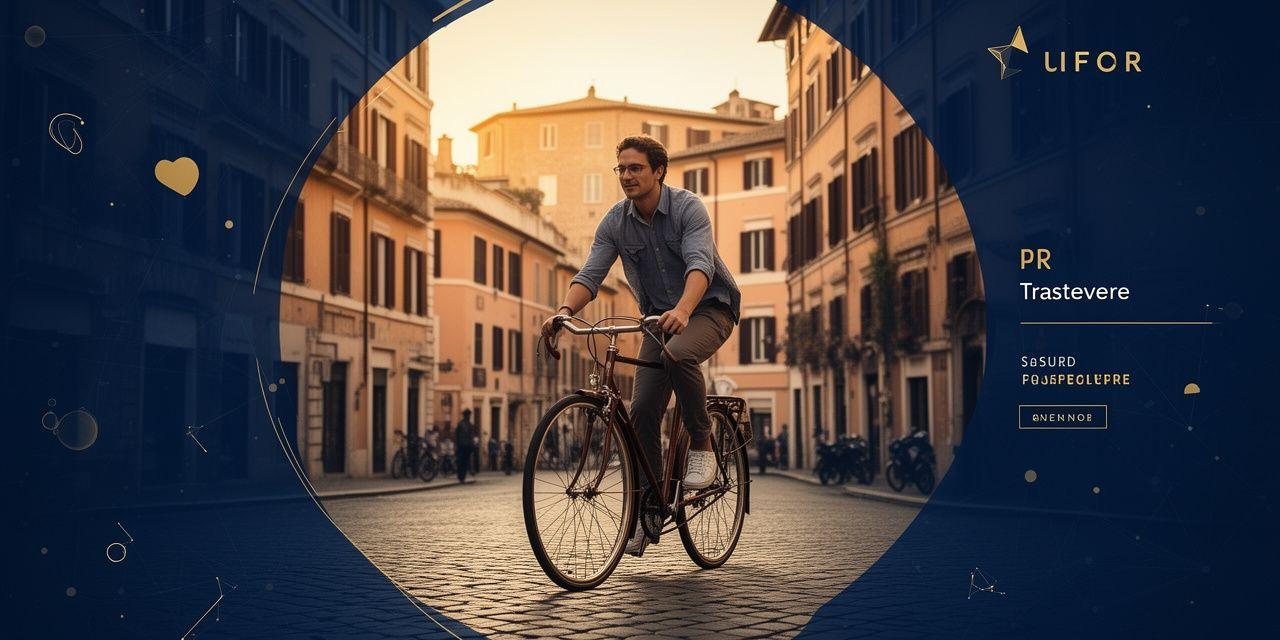 Ciclista urbano che pedala tra le strade storiche di Roma
